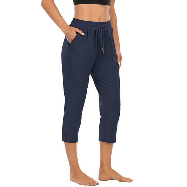 Kvinner Yogabukser med høy midje Fitness Løpelommer Bukser Z Dark Blue,L