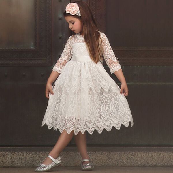 Spets prinsessklänning - födelsedagsfest temperament flickklänning - S C white 110cm