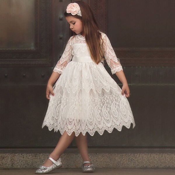 Spets prinsessklänning _ födelsedagsfest temperament flickklänning _ S y white 130cm