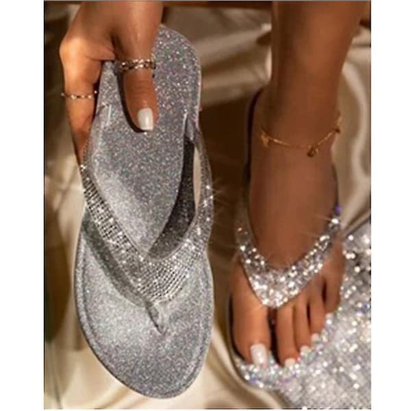 Dame Rhinestone Flat Slippers Slip On Sandaler Beach Flip Flops. Silver 38