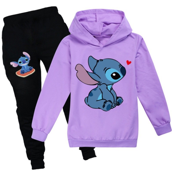 2 stk Lilo Stitch Børne Hættetrøje Sweatshirt Bukser Træningsdragt Outfit - purple 150cm