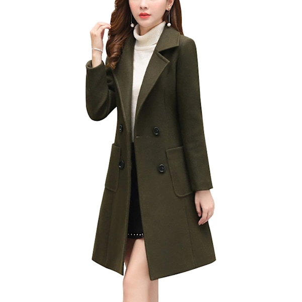 Kvinnor Vinter Elegant Coat Naggad krage Dubbelknäppt Ull Blend Overcoat W Army Green M