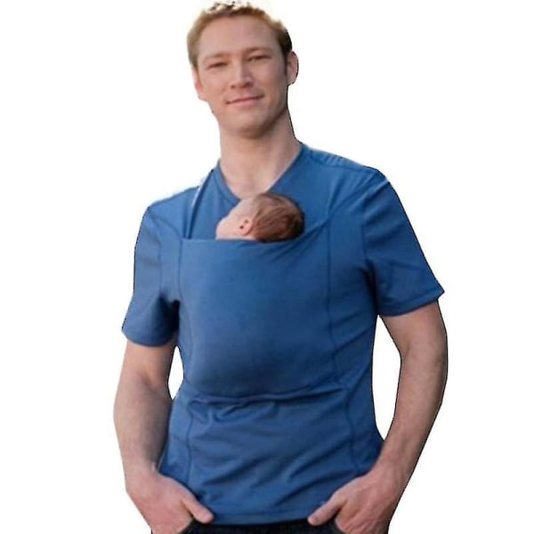 Baby Kangaroo Large Pocket Vest T-shirt Herr Kvinnor Pappa Mamma Care Bonding Shirts W blue men 2XL