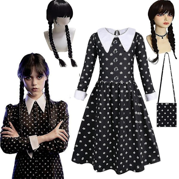 Keskiviikko Addams Cosplay Girls Kids Mekko Peruukki Laukku Juhlasuku Carnival Halloween Elokuva Roolileikki Fancy Dress Up Clothes vY Dress and Bag 56 Years