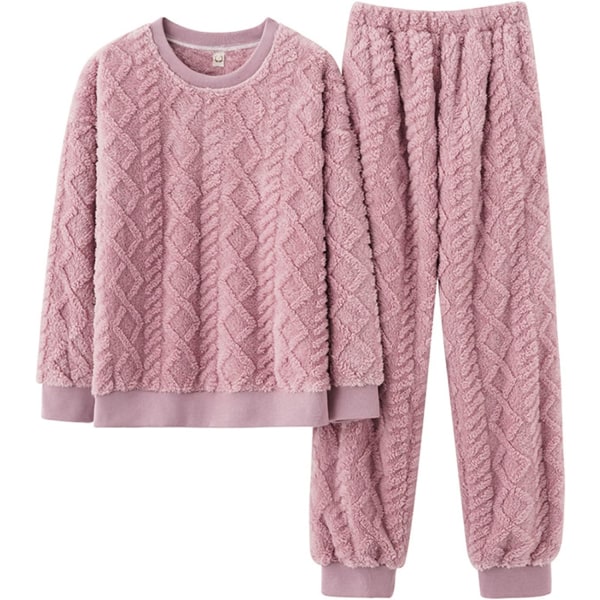 HAUFR Dam Fluffy Fleece Pyjamas Set 2 delar Varm Fleece Pyjamas Set Mjuka nattkläder Långärmade Crewneck fickor Byxor -1 Pink X-Small