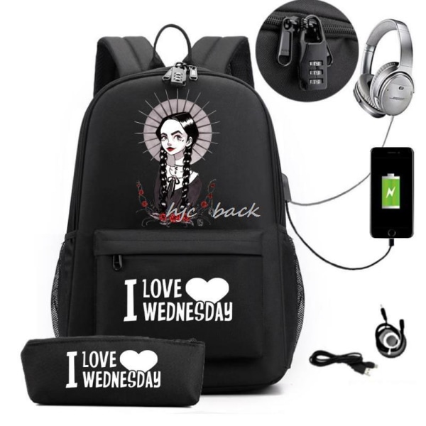 Keskiviikko Addams Backpack Case 2-osainen Oppilaan koululaukku -1 style8