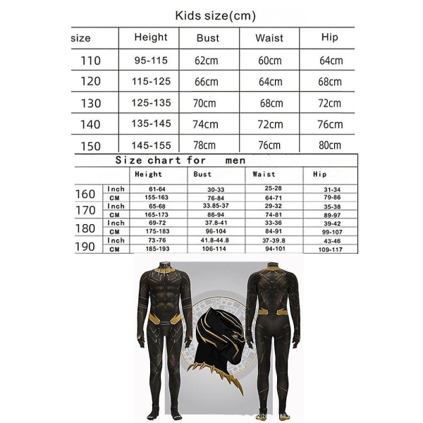 Black Panther Bodysuit CosplayParty Jumpsuit Adult Boys Costume vY 160cm