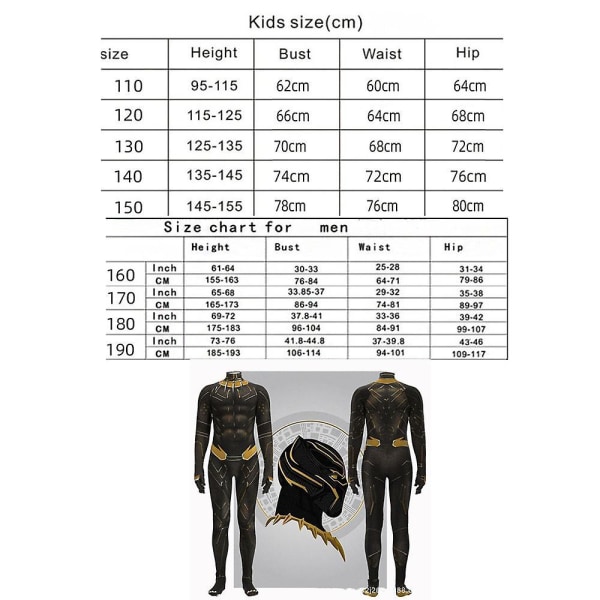 Black Panther Bodysuit CosplayParty Jumpsuit Adult Boys Costume vY 190cm