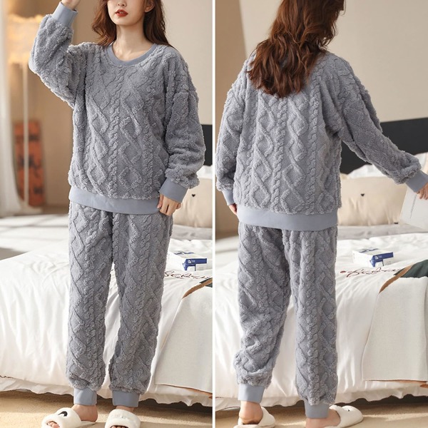 HAUFR Dame Fluffy Fleece Pyjamas Sæt 2 Del Varm Fleece Pyjamas Sæt Blødt Nattøj Langærmede Rundhals Lommer Bukser -1 Grey X-Large