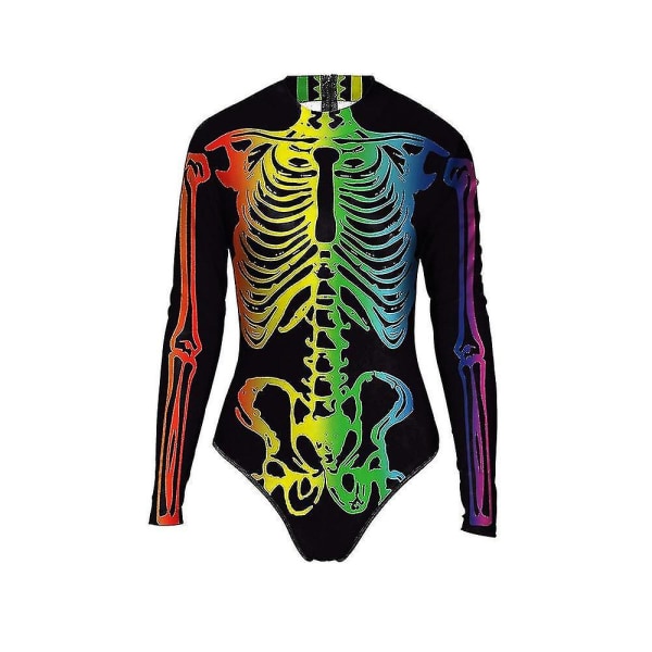 Skeletttryck baddräkt dragkedja långärmad triangel Halloween kostymer i ett stycke W -1 Brilliant green L XL
