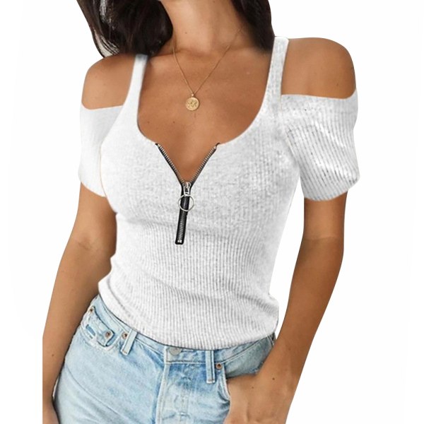Kvinders ren farve afslappet sommertop lynlås off Shoulder T-shirt Z X White XL
