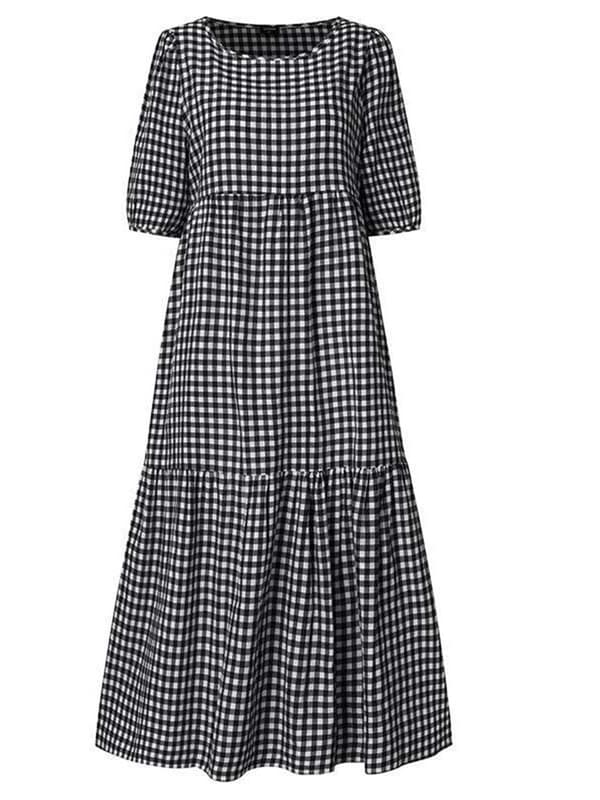 Dam sommarpläd Puffy kortärmad midiklänning -1 Black,5XL