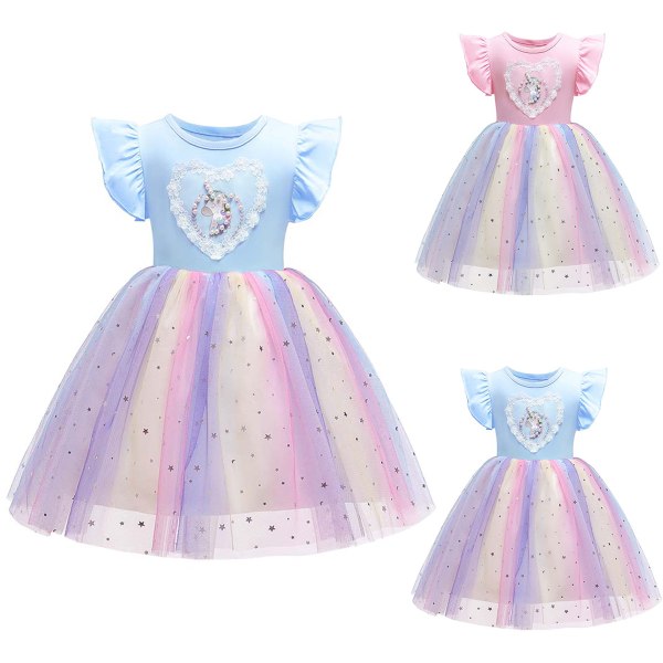 Girls Unicorn Princess Little Party Dress with Flight Sleeve vY Pibk 120cm