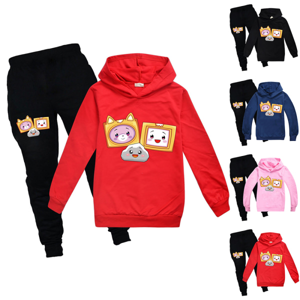 Pojkar Flickor LANKYBOX Hoodies Träningsoveraller Toppar+Joggerbyxor Set - red 160cm