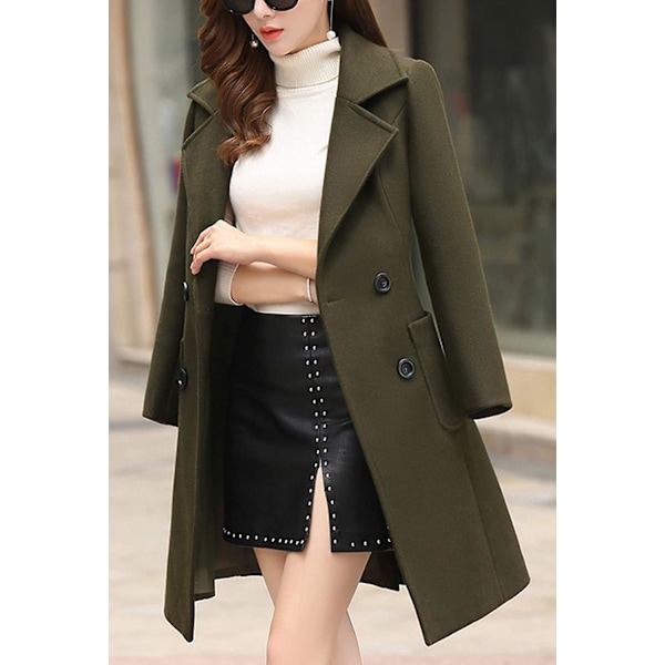 Kvinnor Vinter Elegant Coat Naggad krage Dubbelknäppt Ull Blend Overcoat W Army Green M