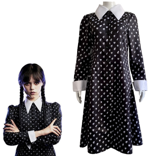 Onsdag Addams Cosplay Kostume Sæt Karneval Fest udklædning dress bag wig 110cm