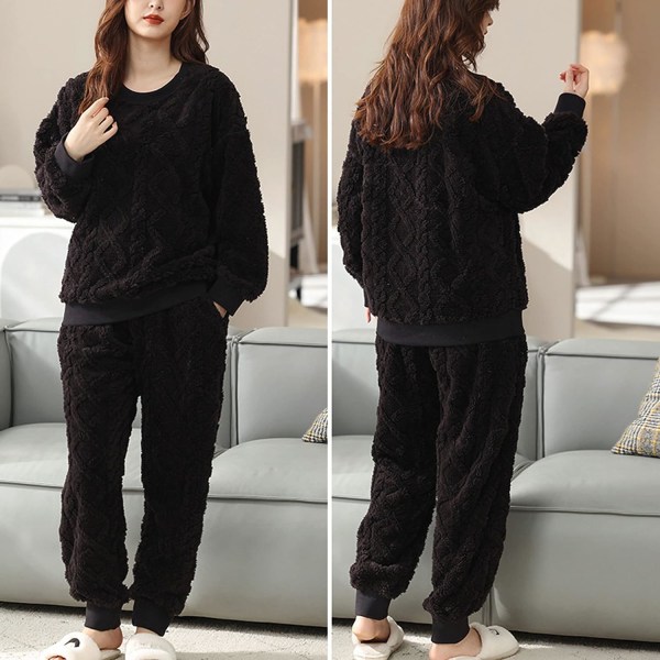 HAUFR Dam Fluffy Fleece Pyjamas Set 2 delar Varm Fleece Pyjamas Set Mjuka nattkläder Långärmade Crewneck fickor Byxor -1 Black 01 X-Large