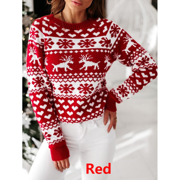 Dame julestrikketrøje Julemanden tryksweater. Red L