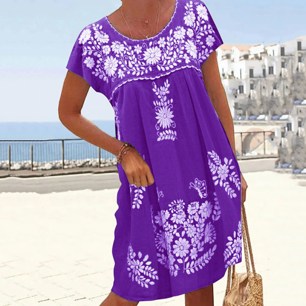 Kvinnor Kortärmad Summer Beach Sundress Crew Neck Midi-klänning . Purple XL