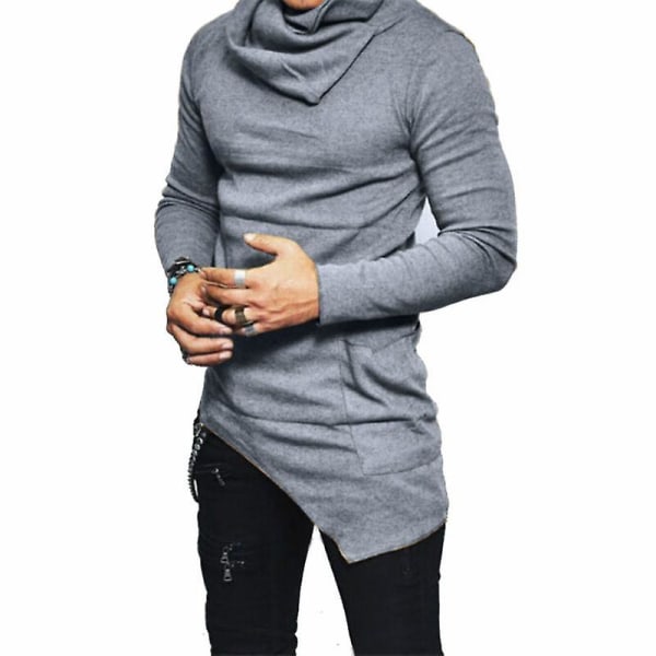 Asymmetrisk genser med rund hals for menn Stativ krage Slim Fit Pullover Langermet ensfarget topper W Gray 2XL
