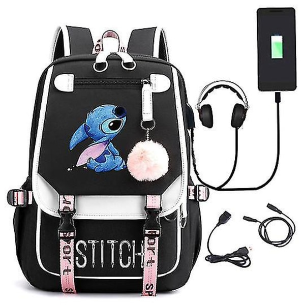 Stitch USB ladattava koululaukku Miesten ja naisten opiskelijareppu-1 -1 BLACK