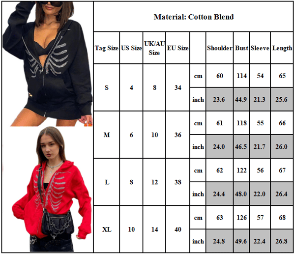 Unisex Zip Oversized Rhinestone kull Hettegenser genser Jakke - red S