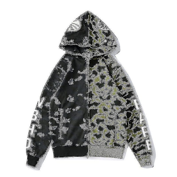 Hættetrøje til mænd Camo Loose Zipper Jacket Sweatershirt til mænd Dreng H Black Green 4XL