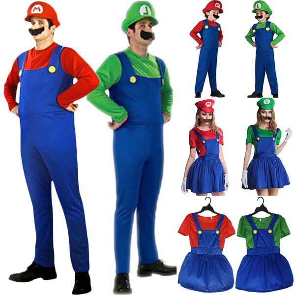 Super Mario Cosplay Fancy Dress Halloween-kostyme for voksne barn kvinner-rød L mann-grønn M
