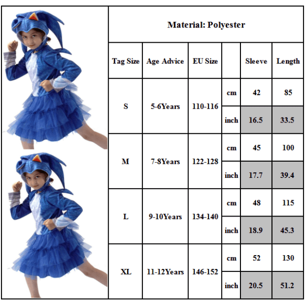 Sonic The Hedgehog Cosplay kostymeklær for barn, gutter, jenter - Klänning+huva 10-12 år = EU 140-152