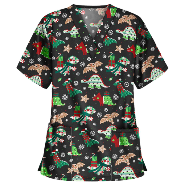 Christmas Nurse Uniform Dame V-hals Print T-skjorte Uformell Kortermet Pocket Topper W 3 L