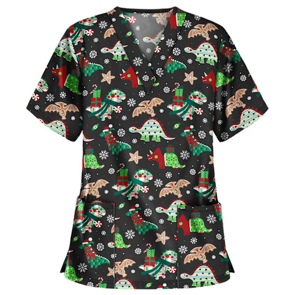 Jul sjuksköterska Uniform Kvinnor V-hals Print T-shirt Casual Kortärmad Pocket Toppar W 3 M