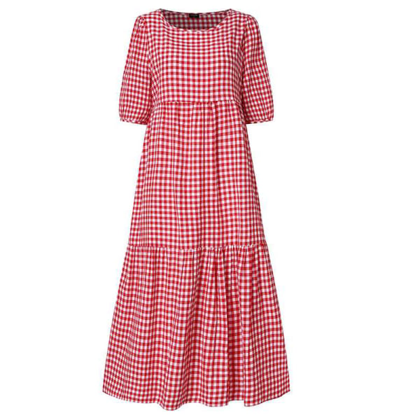 Kvinders sommer plaid puffy kortærmet midikjole -1 Red,XL