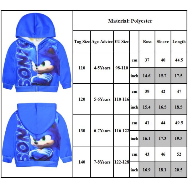 Børn Sonic Print blå lynlås jakke hættetrøje vinter udendørs drenge pige 120cm