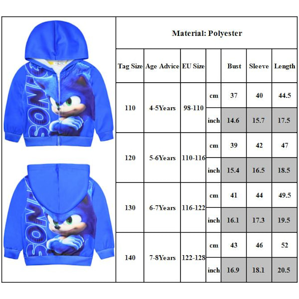 Børn Sonic Print blå lynlås jakke hættetrøje vinter udendørs drenge pige 140cm