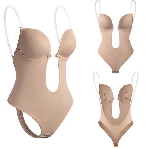 Kvinder Rygløs Bodysuit Shapewear U Plunge Sømløs Thong Stykker Dyb V-hals Body Shaper Til Bryllup V Beige M(34)