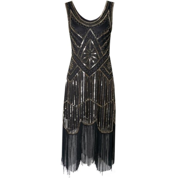 1920 vintage paljettklänning med bankettklänning med dubbade tofs . Black gold 2XL