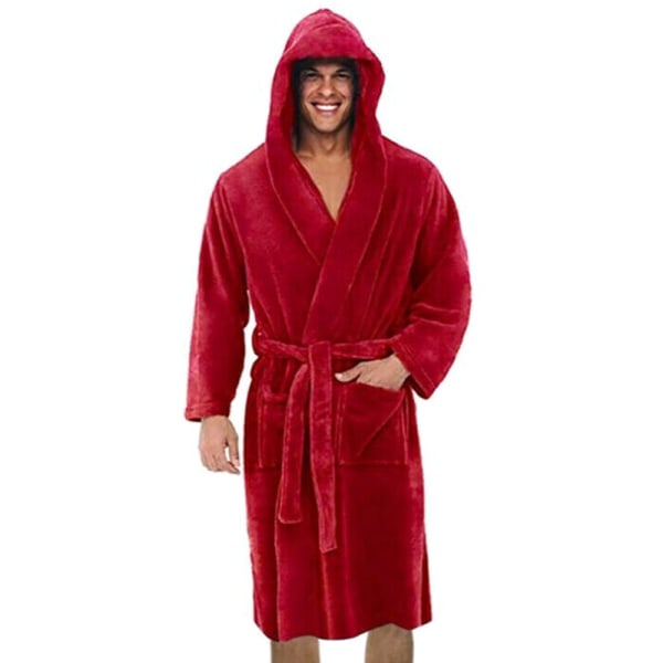 Män långärmad badrock med mjuk loungebadklädningsrock - Red 3XL