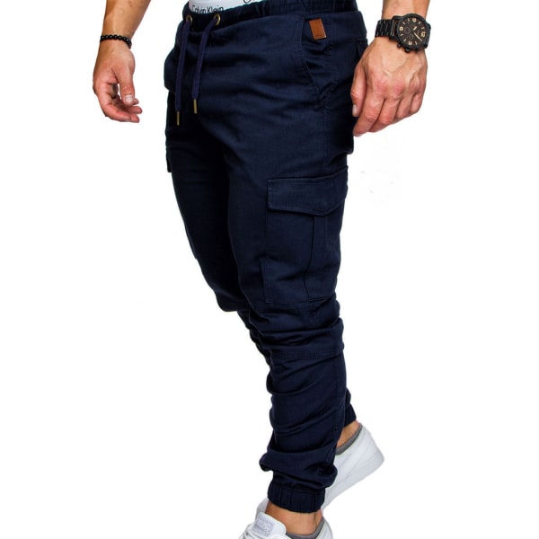 Herr Pocket Byxor Casual Elastisk String Mode långbyxor - Navy Blue L