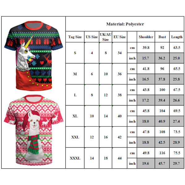 Damer Menn asual printet julekortermet T-skjorte T-skjorte topp. C XL
