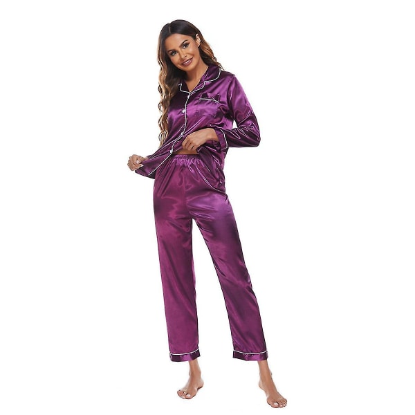 Silky Satin set i två delar för kvinnor: Buttondown Loungewear W Purple M