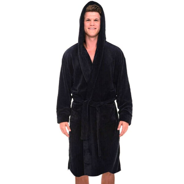 Män långärmad badrock med mjuk loungebadklädningsrock - Black L