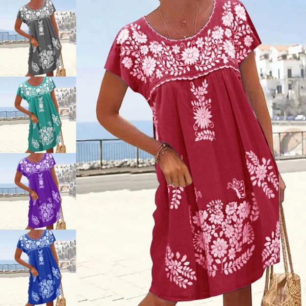 Kvinnor Kortärmad Summer Beach Sundress Crew Neck Midi-klänning . Royal Blue 3XL