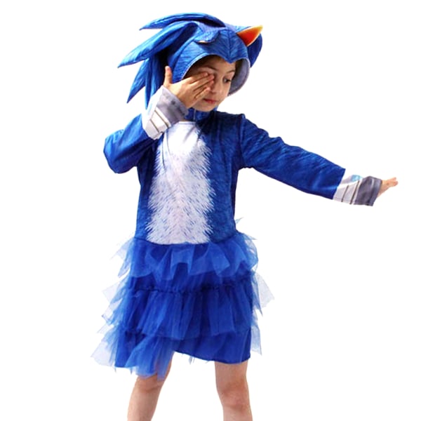 Sonic The Hedgehog Cosplay Halloween -vaatteet lapsille pojille, tytöille W Klänning+huva 9-10 år = EU 134-140