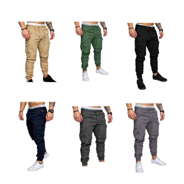 Herr Pocket Byxor Casual Elastisk String Mode långbyxor Z X Khaki L