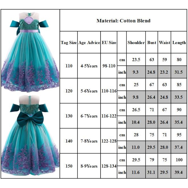 Lille Havfrue Ariel Tulle Prinsesse kjole Cosplay kostume wz 5-6 Years