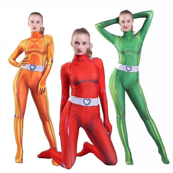 Totally Spies Cosplay-asu naisille ja tytöille Anime Clover Sam Alex Bodysuit Zentai W Green Kids XL