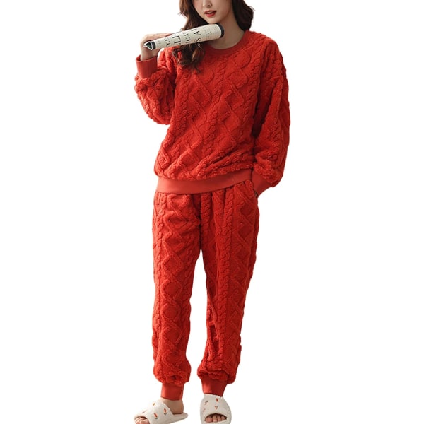 HAUFR Dam Fluffy Fleece Pyjamas Set 2 delar Varm Fleece Pyjamas Set Mjuka nattkläder Långärmade Crewneck fickor Byxor -1 Orange Small