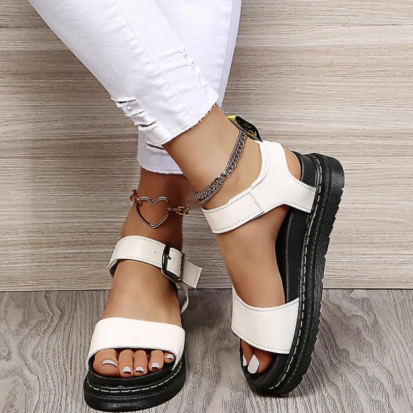 Damsandaler med platt form sommar ankelrem Chunky Platform Fashion Shoes vY White EU 43