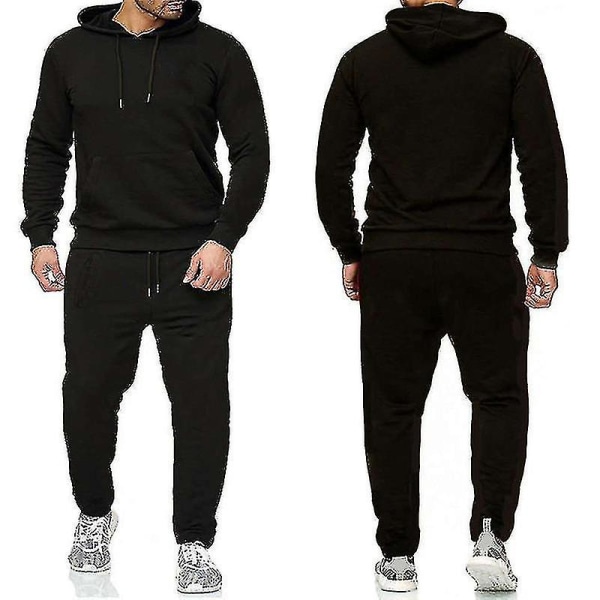 2-delt/sett Fitness treningsdress for menn Uformelle sportsbukser Topp sweatdress Hettegensersett #yogu vY Black M