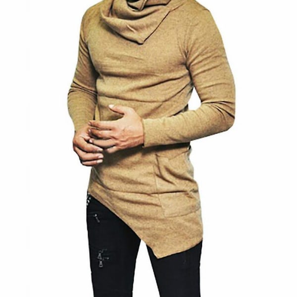 Asymmetrisk sweater med rund hals til mænd Stack-krave Slim Fit Pullover Vendbar ensfarvede toppe W Khaki L